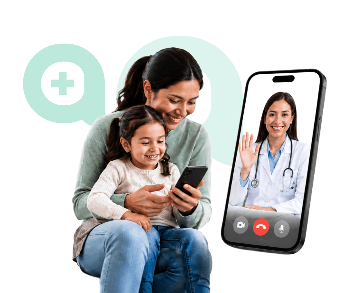 Madre e hija consultando con una médica por videollamada en la app de Atendo
